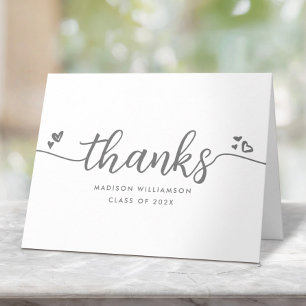 Carte De Remerciements Graduation Blanc Chic Moderne Gris Coeurs Script