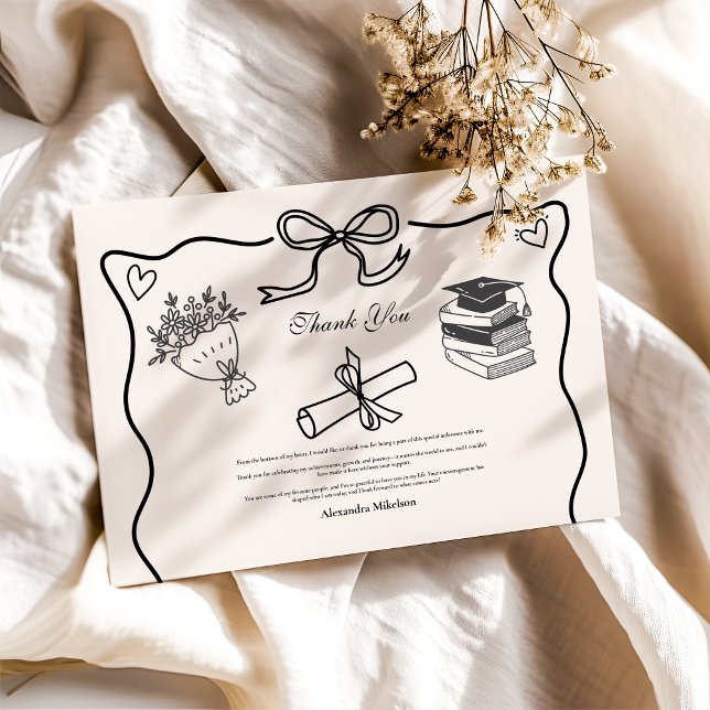 Carte De Remerciements Graduation en noir et blanc illustrée (Créateur téléchargé)