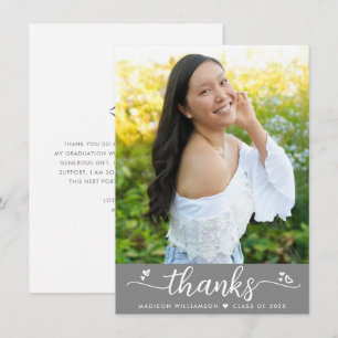 Carte De Remerciements Graduation Gris Photo Moderne Élégant Script Coeur