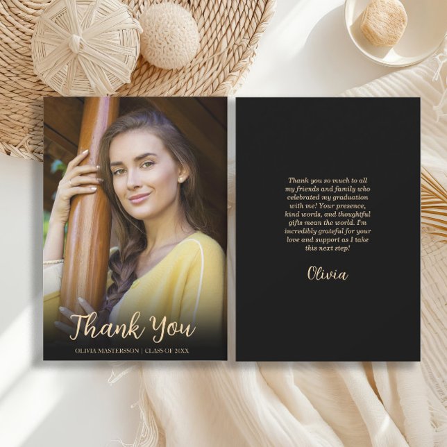 Carte De Remerciements Graduation photo Black Gold moderne (Graduation photo Thank You card)