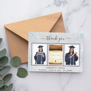 Carte De Remerciements Graduation photo bleu argenté