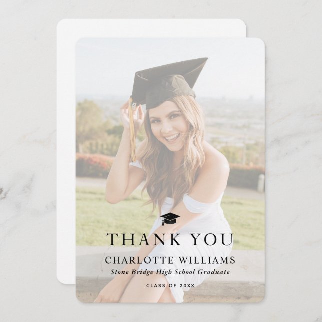 Carte De Remerciements Graduation photo moderne en noir et blanc (Devant / Derrière)