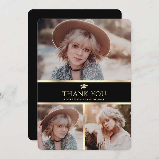 Carte De Remerciements Graduation photo moderne Noir et Or 3 (Devant / Derrière)