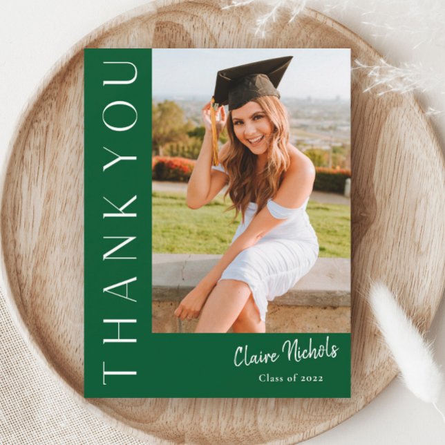 Carte De Remerciements Graduation photo verticale moderne (Modern Typography Green Photo Graduation Thank You Cards.)