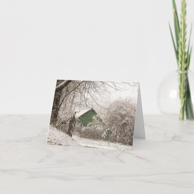 Carte De Remerciements Grange verte dans la neige (Devant)