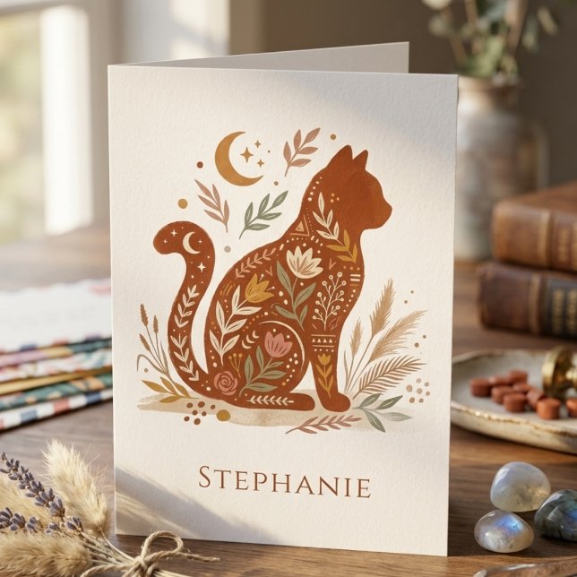 Carte De Remerciements Graphisme de chat céleste floral bohème (Boho floral cat silhouette card — unique holiday gift idea for the cat mom or animal lover)