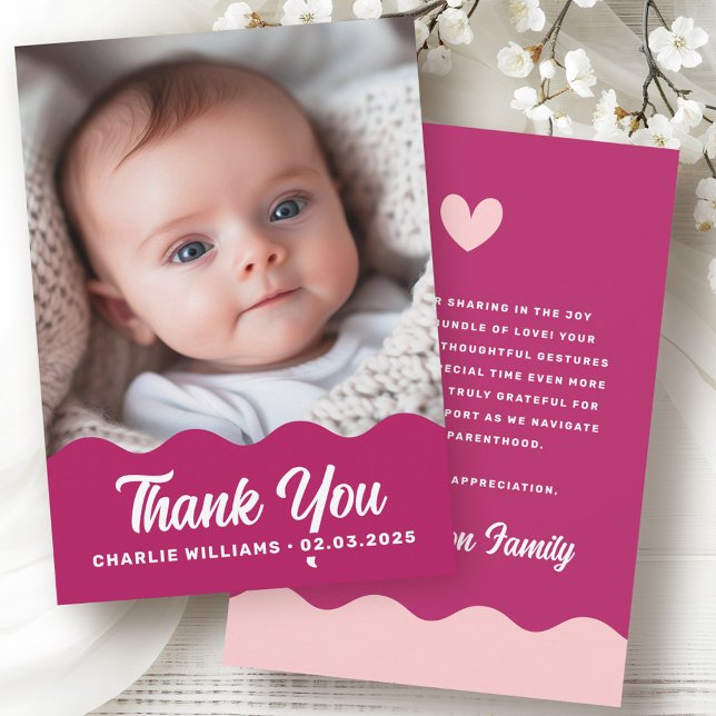 Carte De Remerciements Gras bordeaux vague photo rose nouveau bébé (Bold burgundy wave photo pink new baby thank you card)