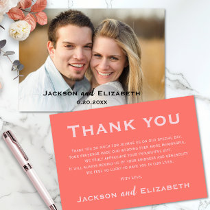 Carte De Remerciements Gras moderne Coral et Mariage photo rose