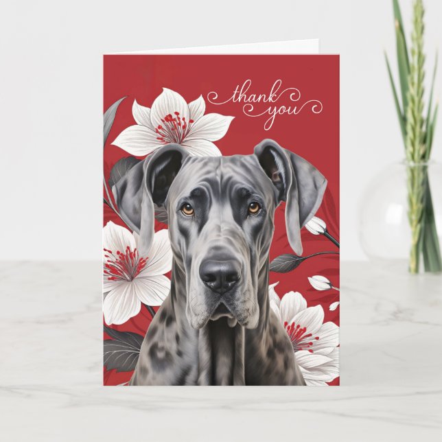 Carte De Remerciements Great Dane Dog with White Lilies on Red (Devant)