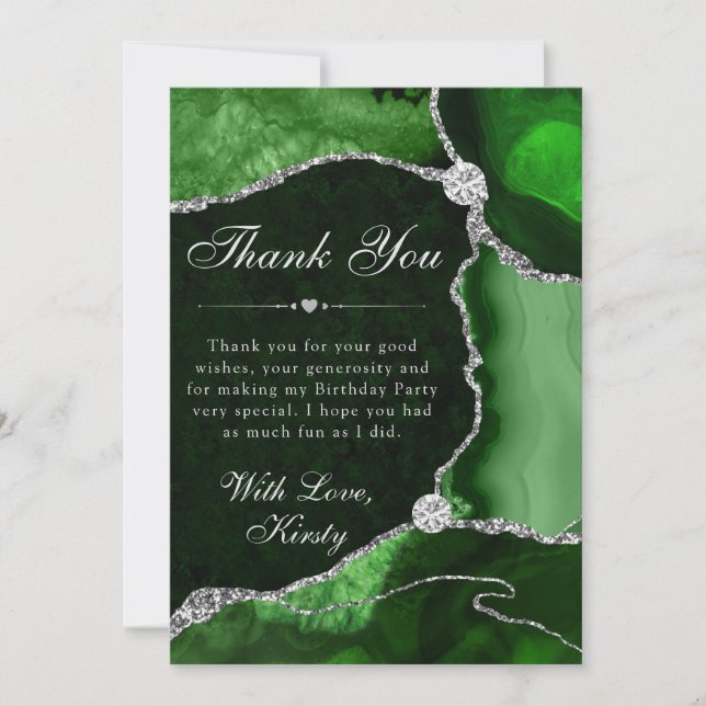 Carte De Remerciements Green and Silver Faux Glitter Agate Birthday (Devant)