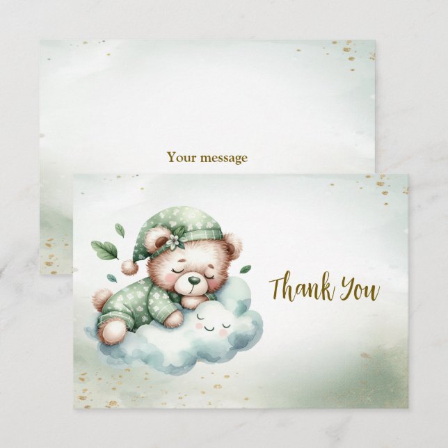 Carte De Remerciements Green Boho Sleeping Teddy Bear mignonne Party (Devant / Derrière)
