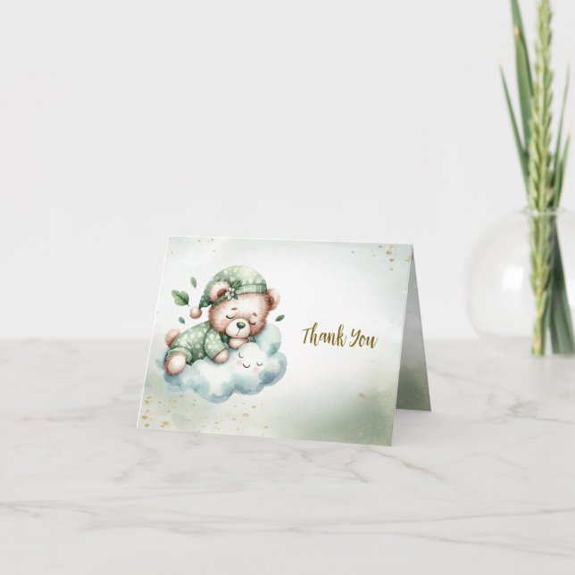 Carte De Remerciements Green Boho Sleeping Teddy Bear mignonne Party (Devant)