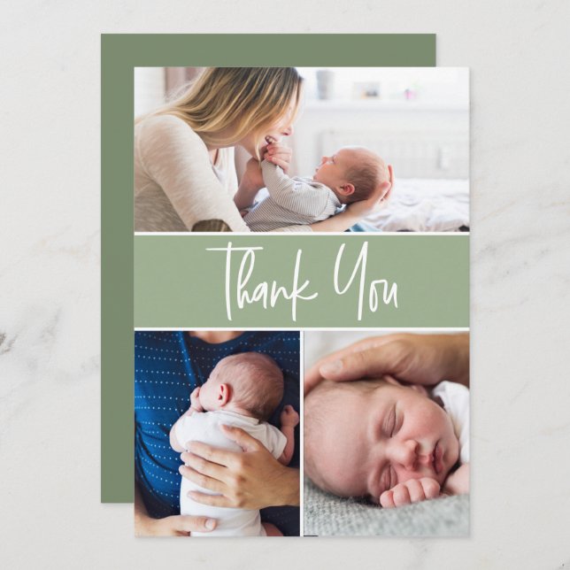 Carte De Remerciements Green Custom 3 Photos Bébé Script de traitement (Devant / Derrière)