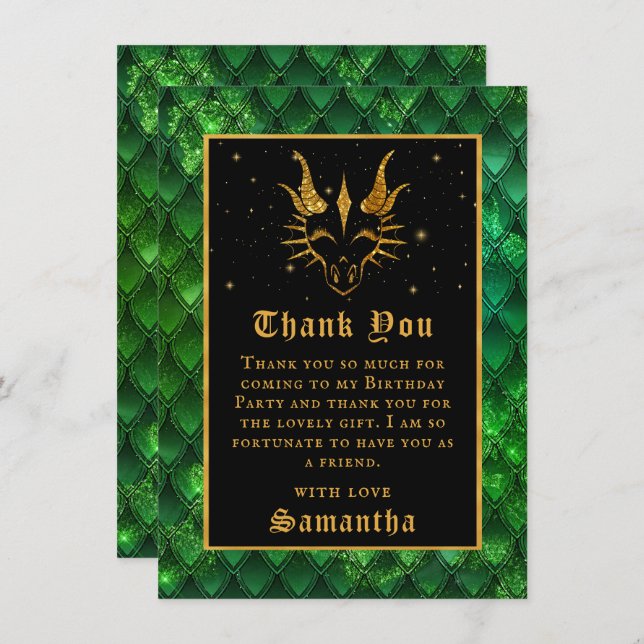 Carte De Remerciements Green Dragon Scales Gold Faux Parties scintillant  (Devant / Derrière)