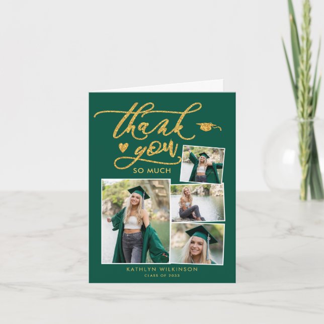 Carte De Remerciements Green Elegant Gold Script 4 Photo Graduation (Devant)