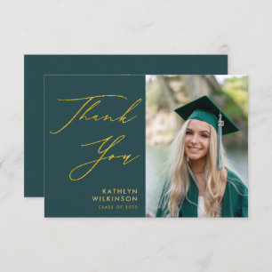 Carte De Remerciements Green Elegant Gold Script Simple Photo Graduation