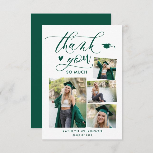 Carte De Remerciements Green Elegant Script 4 Photo Collage Graduation (Devant / Derrière)