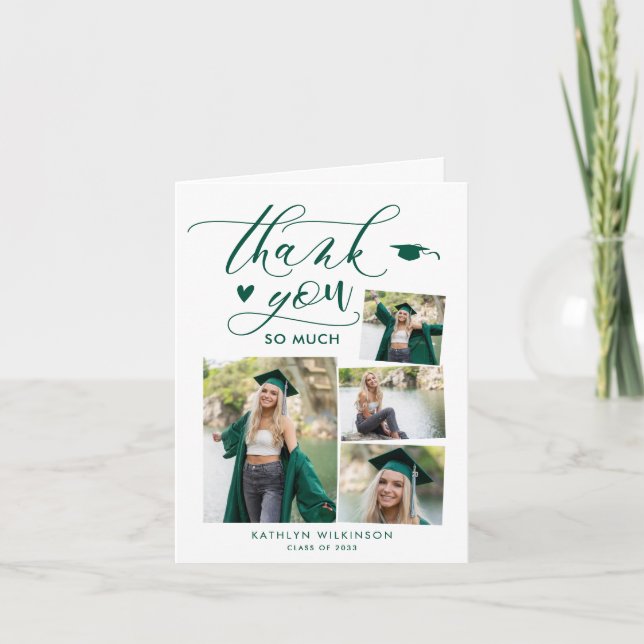 Carte De Remerciements Green Elegant Script 4 Photo Collage Graduation (Devant)