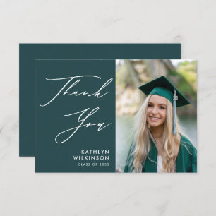 Carte De Remerciements Green Elegant Script Minimaliste Photo Graduation