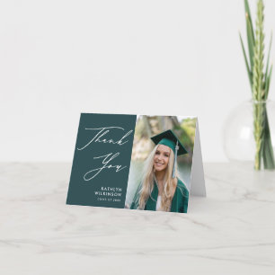 Carte De Remerciements Green Elegant Script Minimaliste Photo Graduation