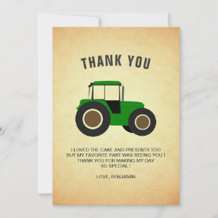 Carte De Remerciements Green Farm Tractor Anniversaire de enfant Party