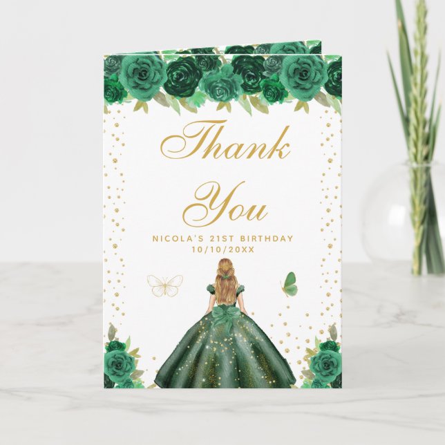 Carte De Remerciements Green Floral Blonde Hair Girl Birthday (Devant)