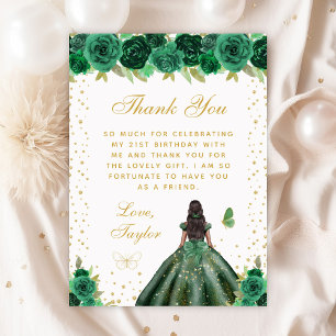 Carte De Remerciements Green Floral Dark Skin Princess Anniversaire