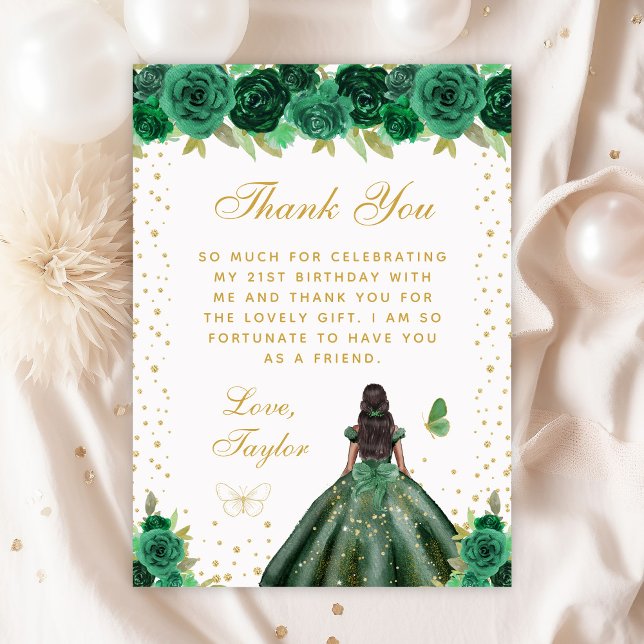 Carte De Remerciements Green Floral Dark Skin Princess Anniversaire (Créateur téléchargé)