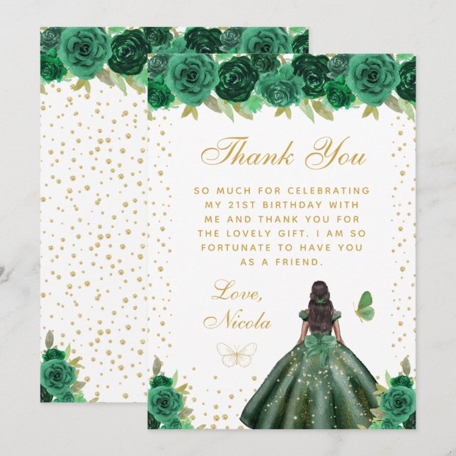 Carte De Remerciements Green Floral Dark Skin Princess Birthday Party (Devant / Derrière)