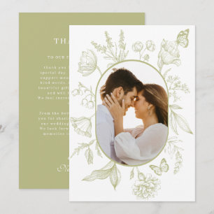 Carte De Remerciements Green Floral Line Art Floral Butterfly Photo