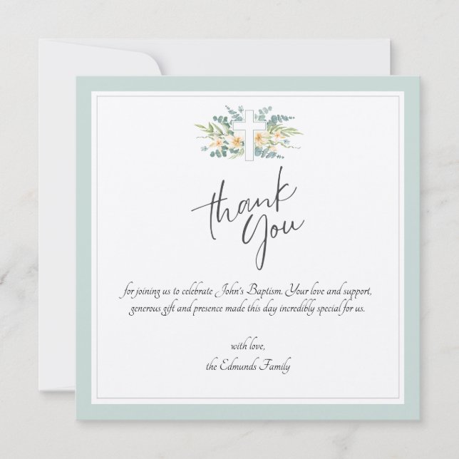 Carte De Remerciements Green Floral Watercolor Baptism  (Devant)