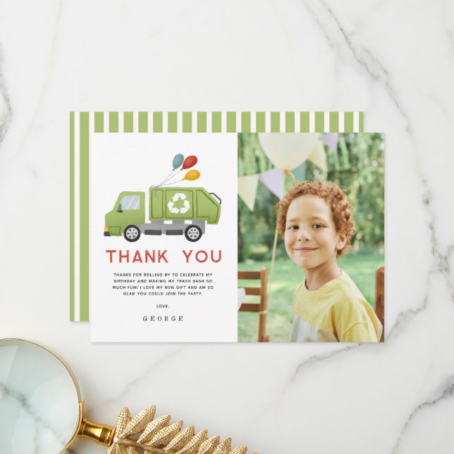 Carte De Remerciements Green Garbage Trash Truck Boys Birthday (Devant/Arrière en situation)