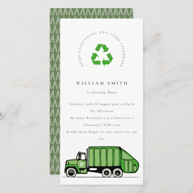 Carte De Remerciements Green Garbage Truck Kids N'importe quel âge Annive (Devant / Derrière)