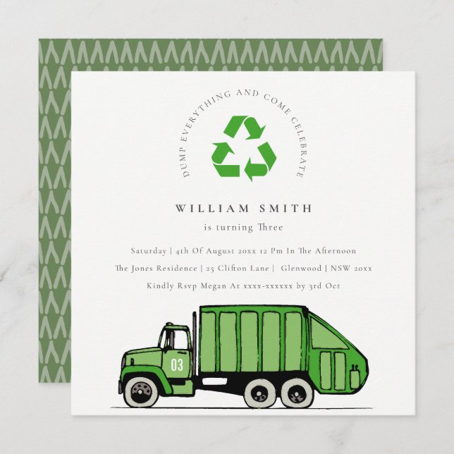 Carte De Remerciements Green Garbage Truck Kids N'importe quel âge Annive (Devant / Derrière)