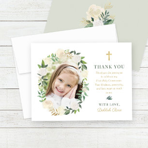 Carte De Remerciements Green Gold Floral First Holy Communion Girl Photo