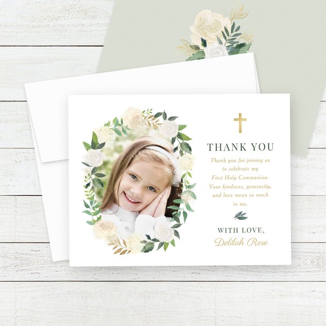 Carte De Remerciements Green Gold Floral First Holy Communion Girl Photo (Créateur téléchargé)