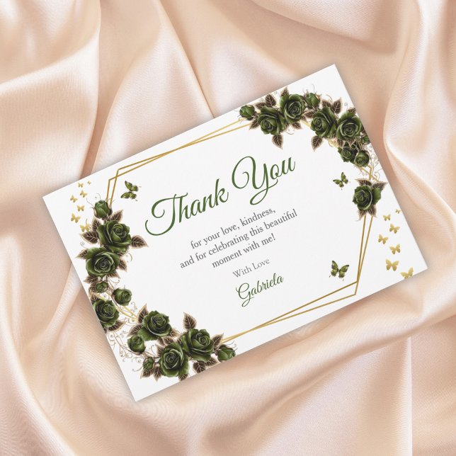 Carte De Remerciements Green Golden Tiara Roses Butterfly Quinceañera (Créateur téléchargé)