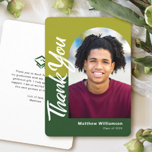 Carte De Remerciements Green Graduation Photo Bold Arch Script Moderne