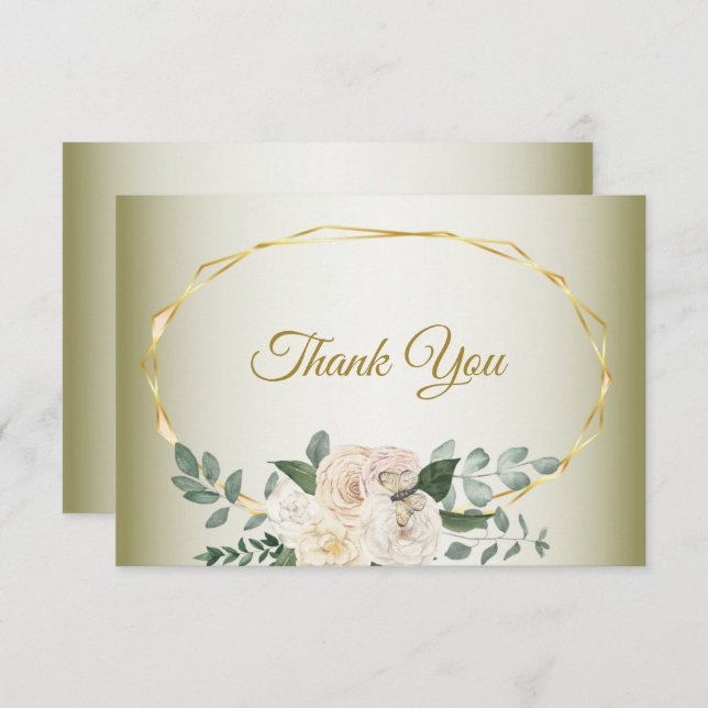 Carte De Remerciements Green Leaves Pink Floral Gold Geometric Wedding Th (Devant / Derrière)