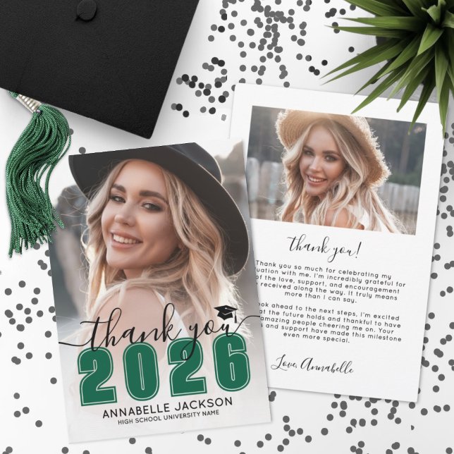 Carte De Remerciements Green Photo Graduation (Green Photo Graduation Thank You Card)