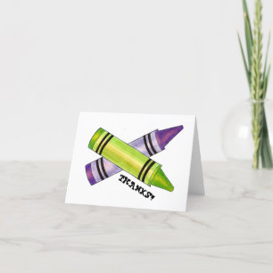 Carte De Remerciements Green Purple Artist Crayons Enfant fête d'annivers