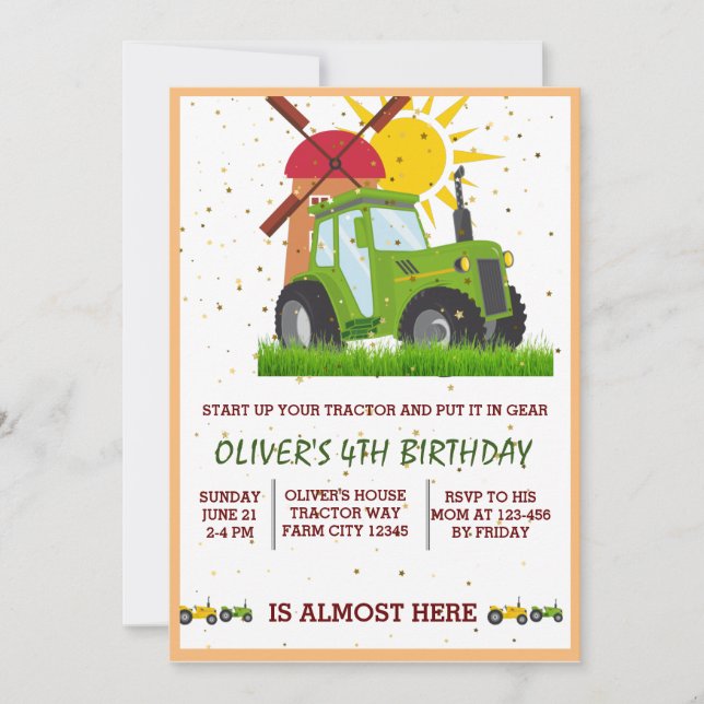 Carte De Remerciements Green Tractor Boys Thème Anniversaire Fête (Devant)