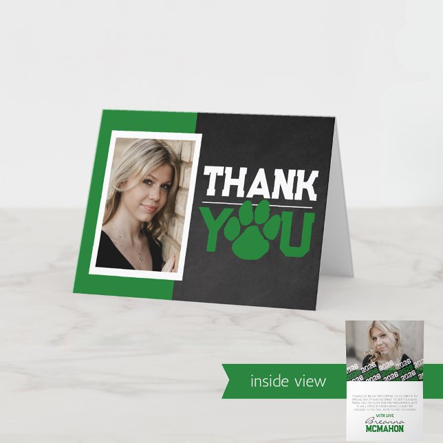 Carte De Remerciements Green & White Empreinte de patte Graduation 2 Phot (Green, White and Black Folding Pawprint Graduation 2 Photo Thank You Cards)