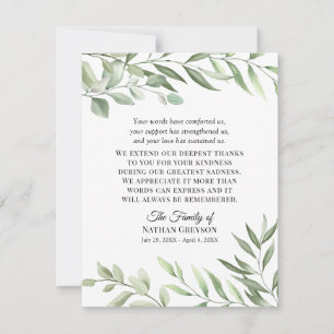 Carte De Remerciements Greenery Funeral Sympathy Thank You Note Card