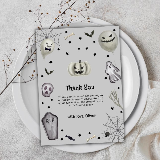 Carte De Remerciements Gris Moderne Petit Boo Ghost Boy Baby shower (Grey Modern Little Boo Ghost Boy Baby Shower Thank You Card)