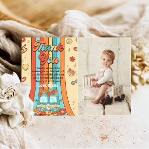 Carte De Remerciements Groovy Retro Rainbow 1st Birthday Party Photo