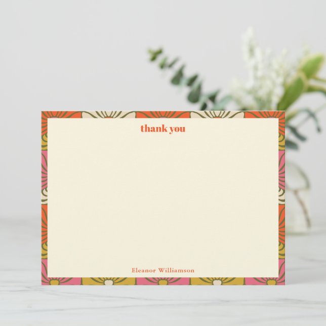 Carte De Remerciements Groovy Vintage Orange Floral Bridal Shower Name (Debout devant)