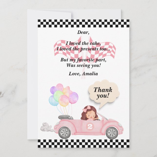 Carte De Remerciements Grossissant deux Fast Pink Race Car Girl 2e annive (Devant)