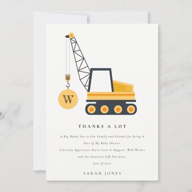 Carte De Remerciements Grue de construction mignonne pour bébé Shower (Devant)