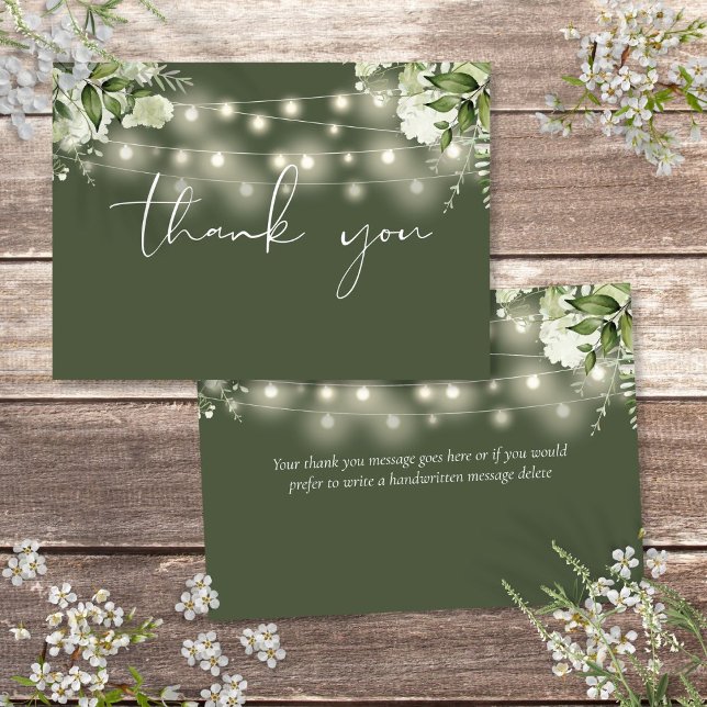 Carte De Remerciements Guirlande de lumières à fleurs de verdure vert oli (Olive Green Floral Greenery String Lights Thank You Card)